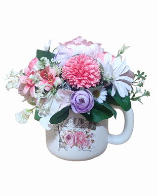 Aranjament floral roz, alb, mov, in cana ceramica, unicat, 3870