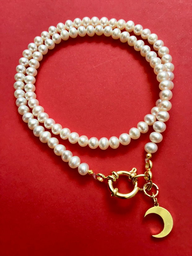 Colier CHOKER perle de cultura albe & semiluna