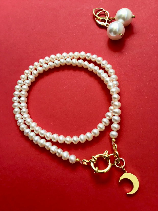 Colier CHOKER perle de cultura albe & semiluna