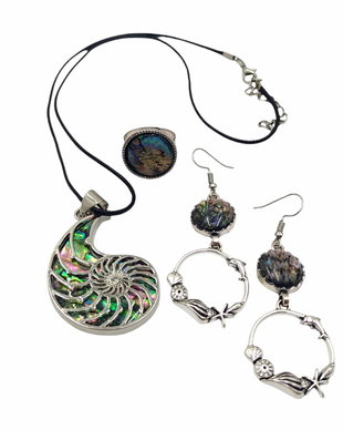 Set colier pandantiv, cercei si inel cu Paua shell si accesorii argintii, lucrat manual, 3988