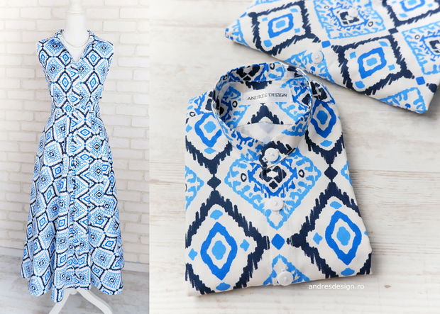 Rochie Mama si Camasi Tata Fiu Albastru cu Alb