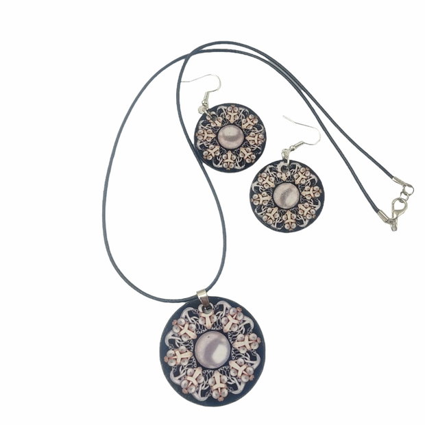 Set colier si cercei lemn, Mandala pearls 2, 3979
