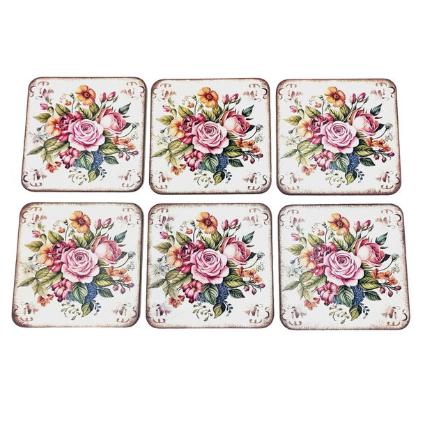 Set handmade 6 suporturi patrate pentru pahare de 9 cm din lemn, buchet floral cu trandafiri, 3989