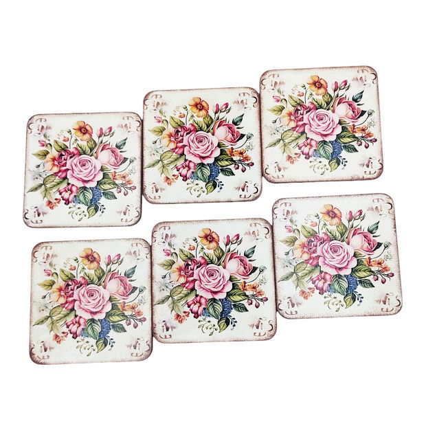 Set handmade 6 suporturi patrate pentru pahare de 9 cm din lemn, buchet floral cu trandafiri, 3989