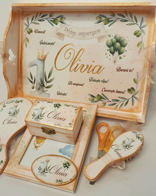 Set personalizat pentru taierea motului / 1an, tema Frunze Maslin