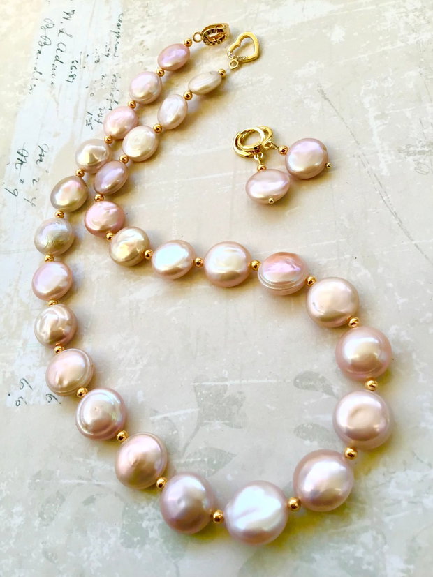 Set Colier și cercei perle baroc crem rose