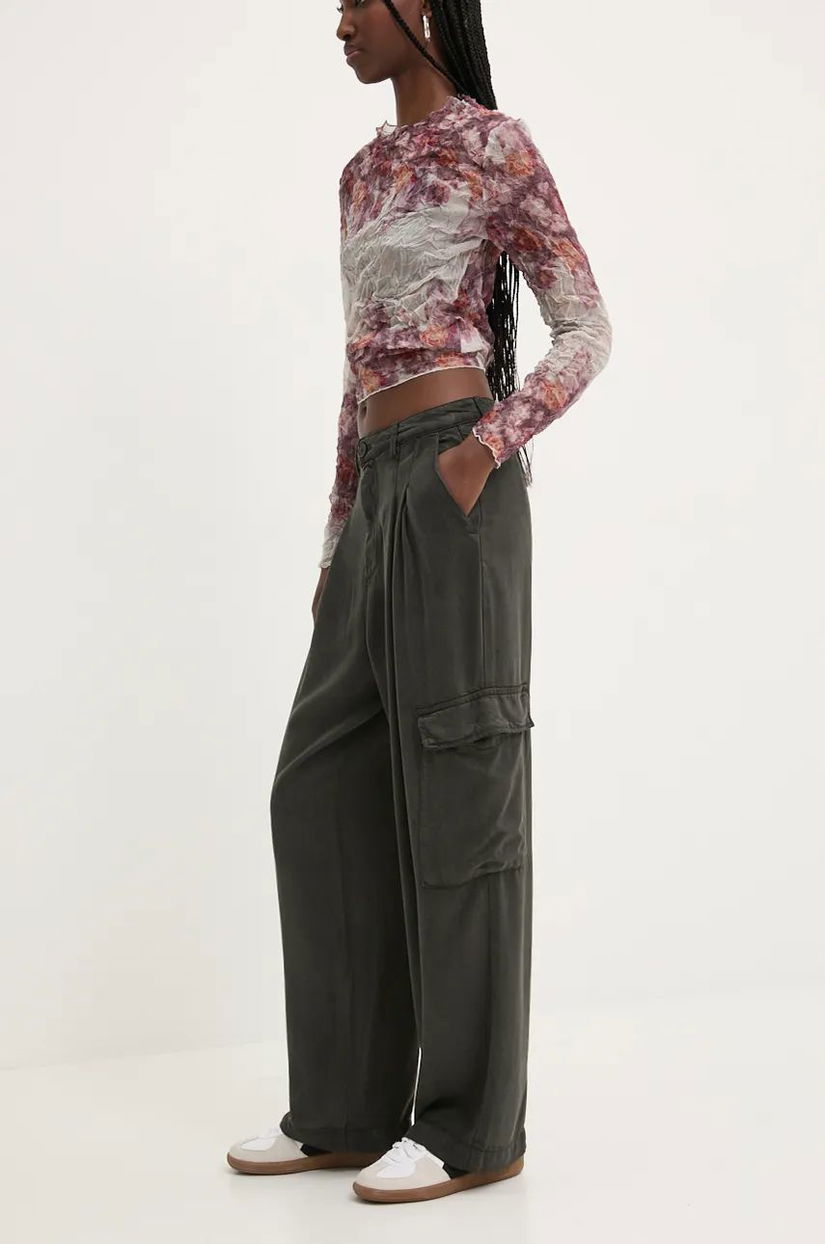 Desigual pantaloni URAL femei, culoarea gri, lat, high waist, 24WWPW37