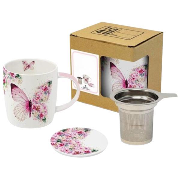 Set cana pentru ceai sau cafea cu capac, infuzor, strecuratoare si cutie eleganta din ambalaj premium Fluturi