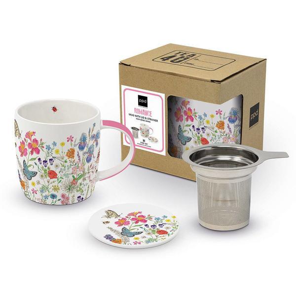 Set cana pentru Ceai sau Cafea cu Capac, Infuzor Strecuratoare si Cutie Eleganta din Ambalaj premium Flori