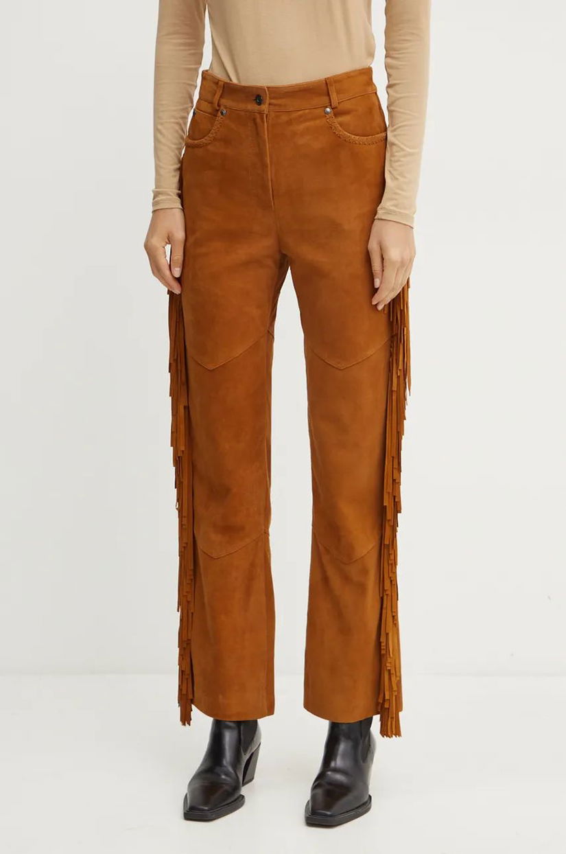 Weekend Max Mara pantaloni de piele întoarsă Joy Road x Lucy Hale culoarea maro, drept, high waist, 2425436016600