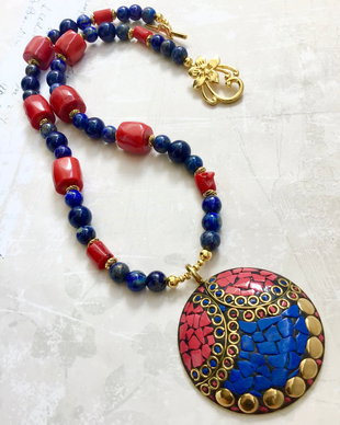 Colier Nepalez coral rosu & lapis lazuli
