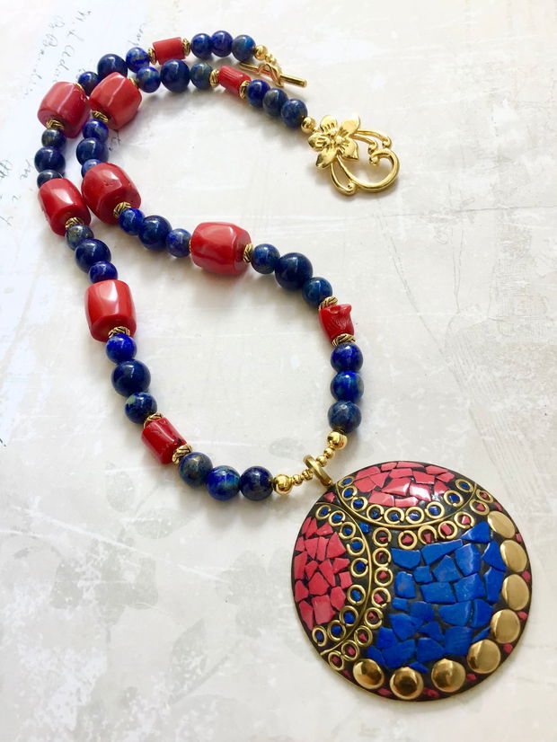 Colier Nepalez coral rosu & lapis lazuli