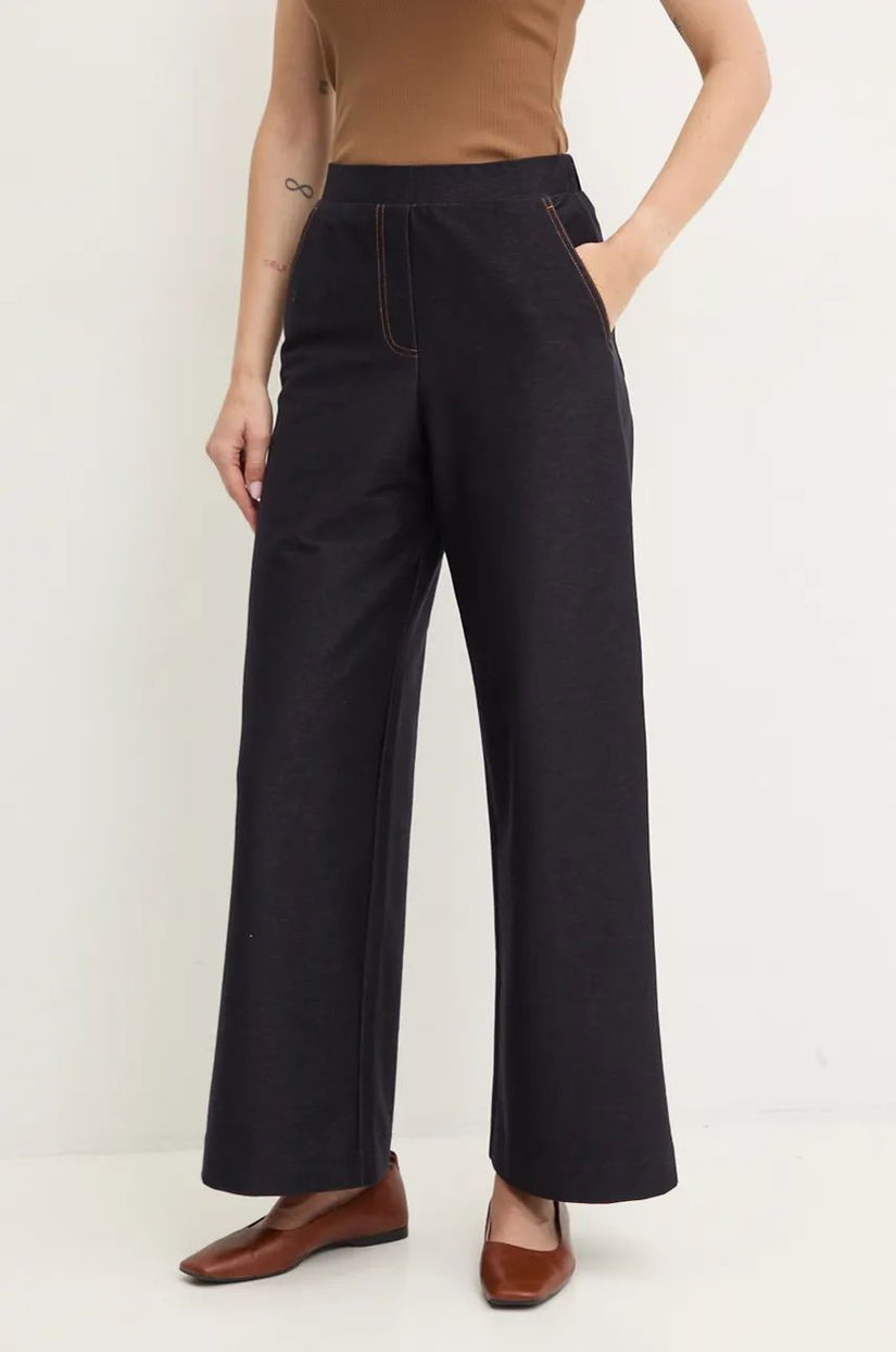 Max Mara Leisure pantaloni femei, culoarea albastru marin, drept, high waist, 2426786108600