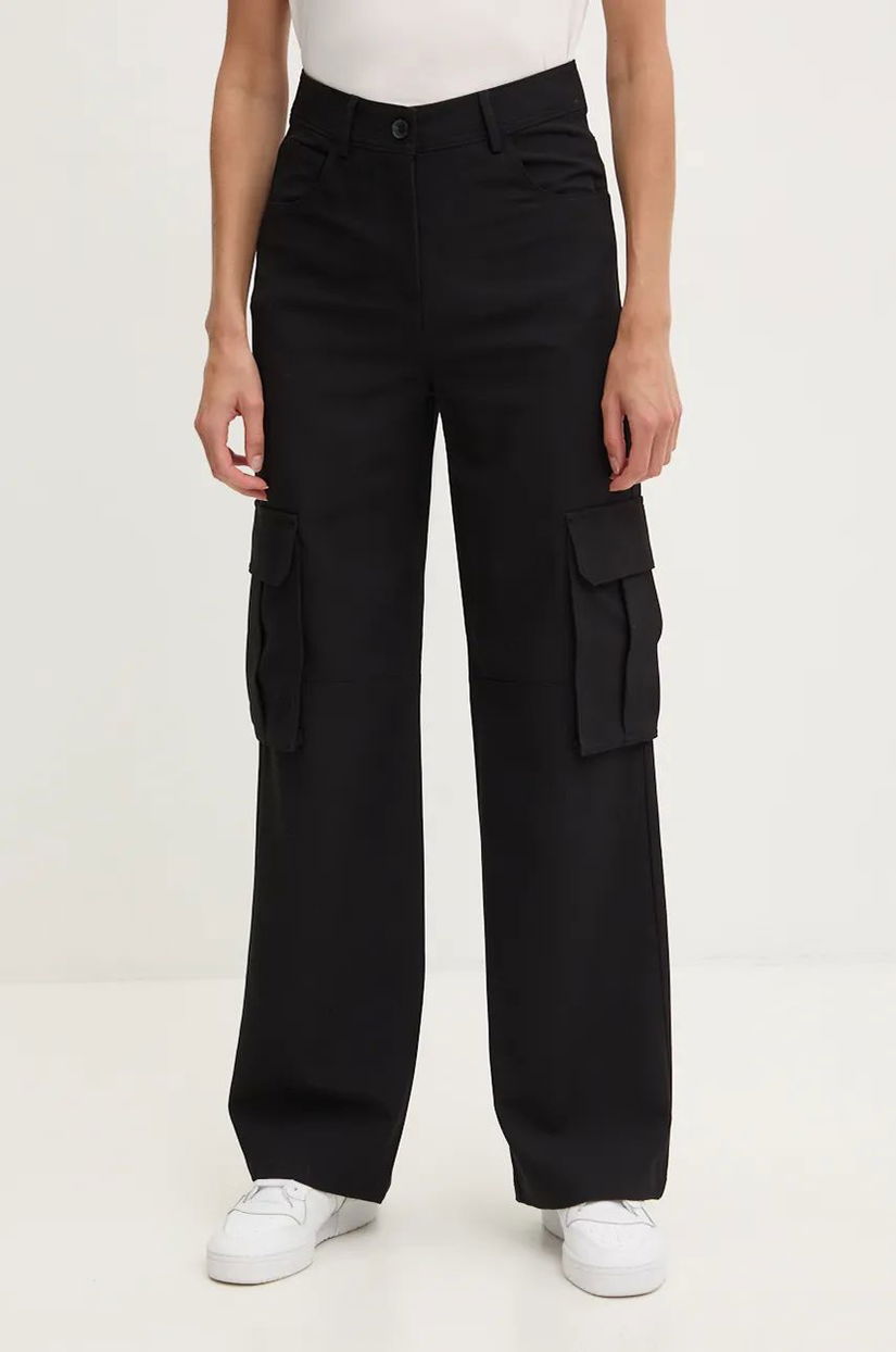 Sisley pantaloni femei, culoarea negru, drept, high waist, 4KVXLF05Y