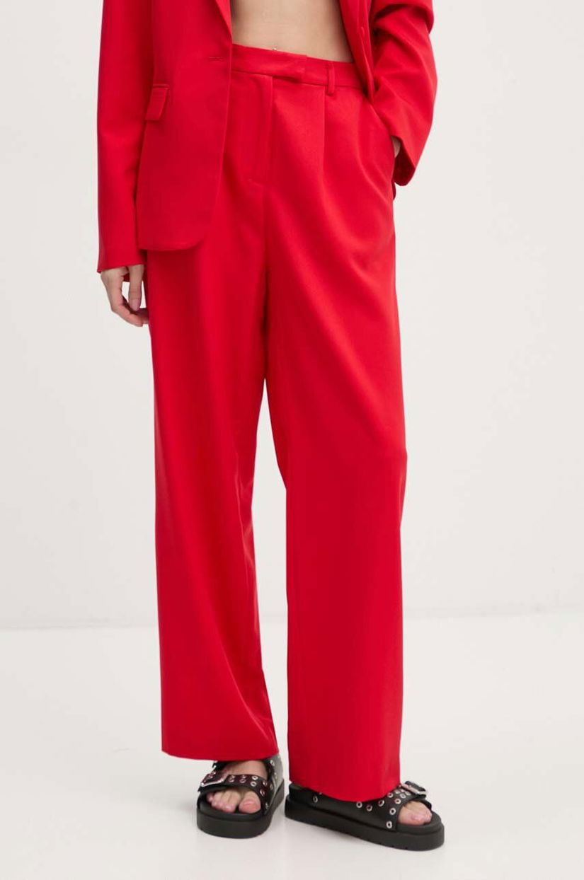 Never Fully Dressed pantaloni Red Sundazed Roamance arden Trousers femei, culoarea rosu, drept, high waist, NFDTR354