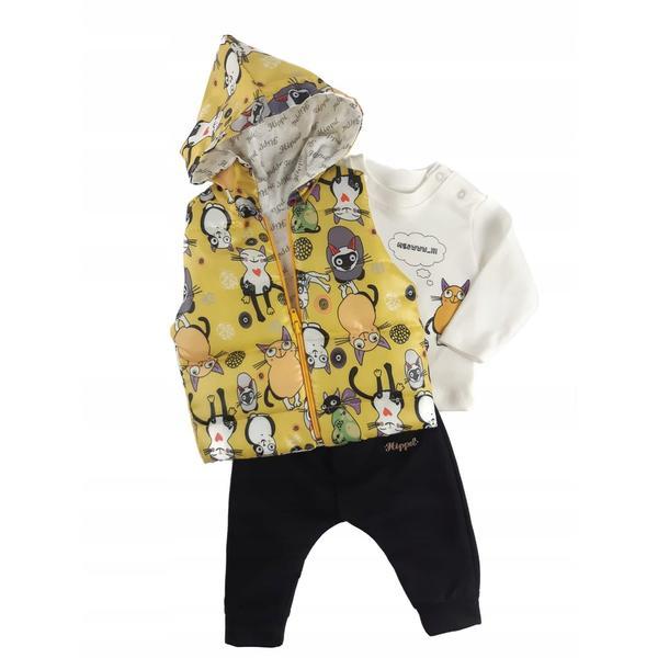 Set Compleu Haine Copii, Format din Bluza,vesta Si Pantaloni, Model Yellow Cats, Marime 68