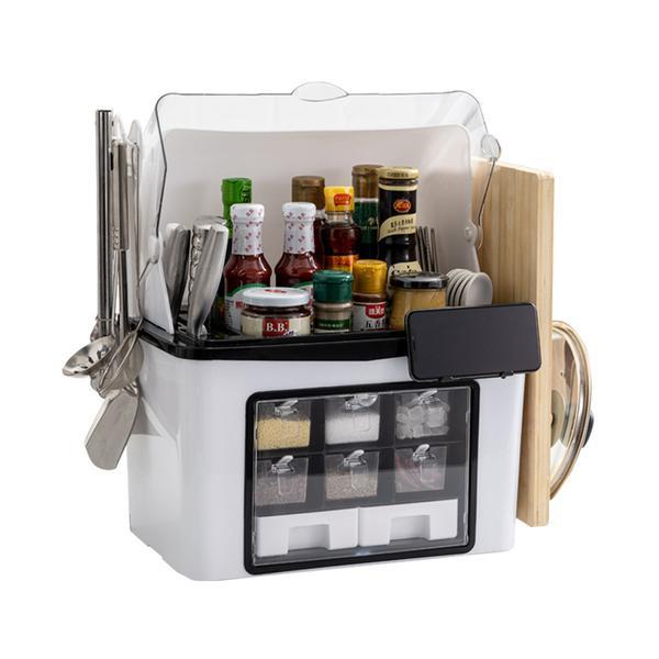 Organizator Multifunctional pentru Bucatarie Teno&reg;, suport sticle, rafturi pentru condimente, cuier pentru ustensile, suport cutite, 46 x 26 x 43 cm, alb