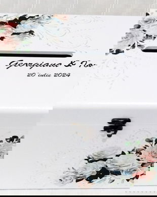 Cutie de dar de nunta, trandafiri albi si somon