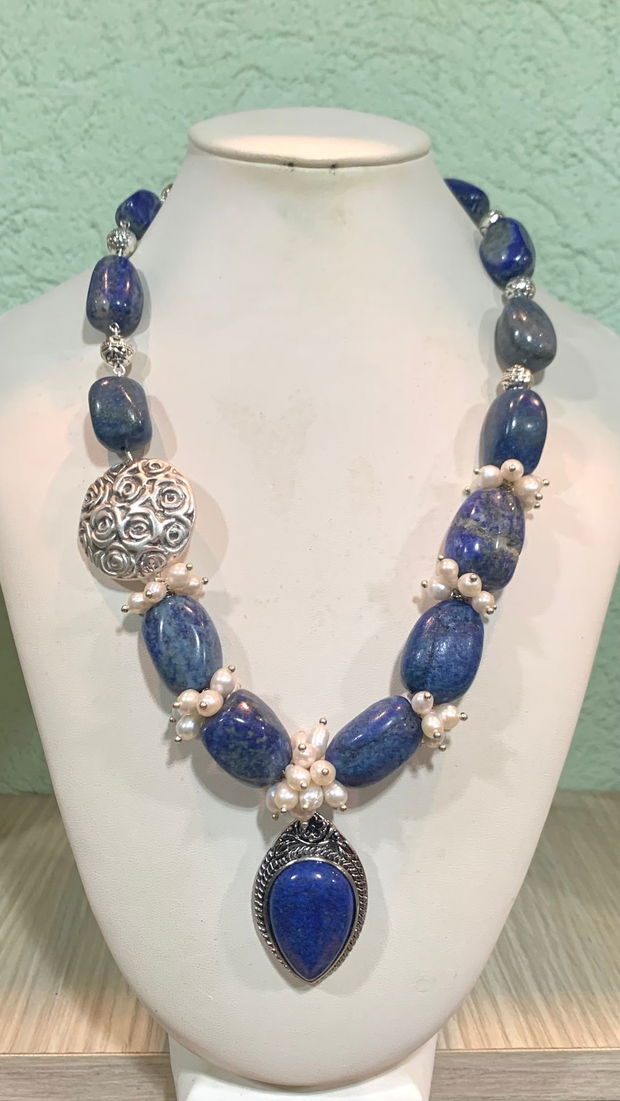 COLIER~MIDNIGHT PEARLS~ lapislazuli,perle de cultură,accesorii argintii,zamac argintat