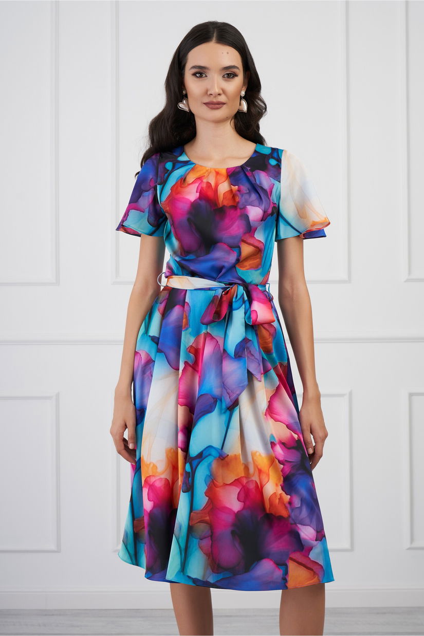 Rochie Miruna cu imprimeu multicolor watercolor si cordon in talie