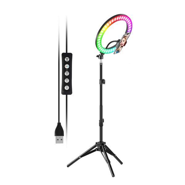 RGB Selfie Ring multicolor 26cm, cu tripod 2.1m, cu suport de telefon, alimentare Usb