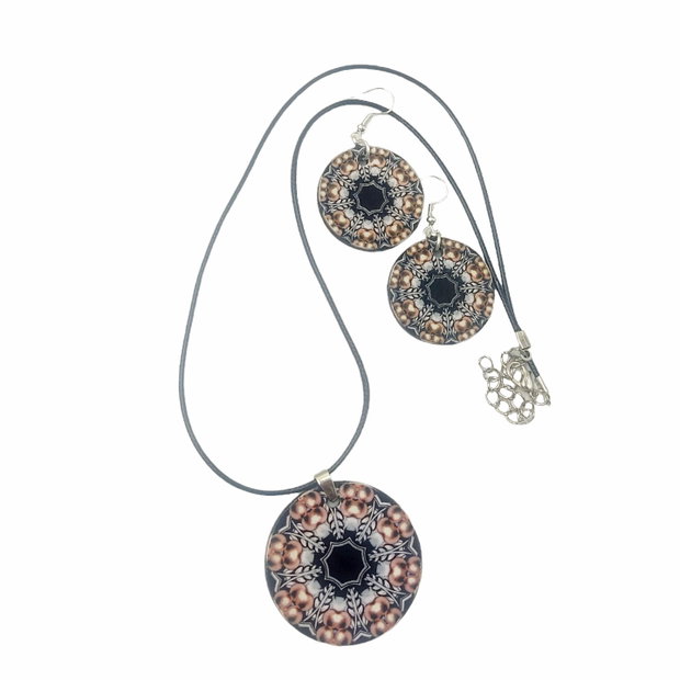 Set colier si cercei lemn, Mandala pearls 3, 3980