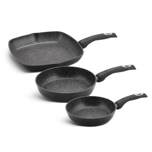 Set 3 tigai profesionale antiaderente, anti zgarieturi, format din 2 tigai universale si o tigaie grill, din aluminiu presat marmurat, pentru gaz sau inductie, Edenberg, culoare neagra