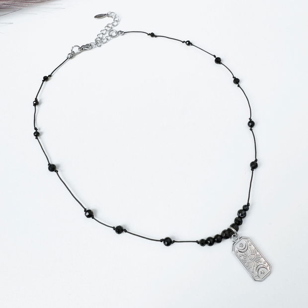 Colier Evil Eye cu cristale negre impotriva energiilor negative - turmalina, onix, agat negru, obsidian