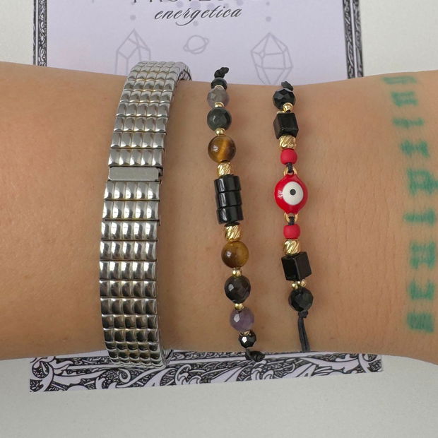 Set bratari Evil Eye cu cristale negre impotriva energiilor negative - turmalina, onix, agat negru, ochi de tigru, obsidian