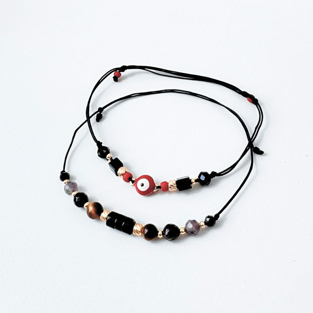 Set bratari Evil Eye cu cristale negre impotriva energiilor negative - turmalina, onix, agat negru, ochi de tigru, obsidian