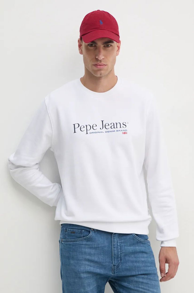 Pepe Jeans hanorac de bumbac SEAN barbati, culoarea alb, cu imprimeu, PM582699