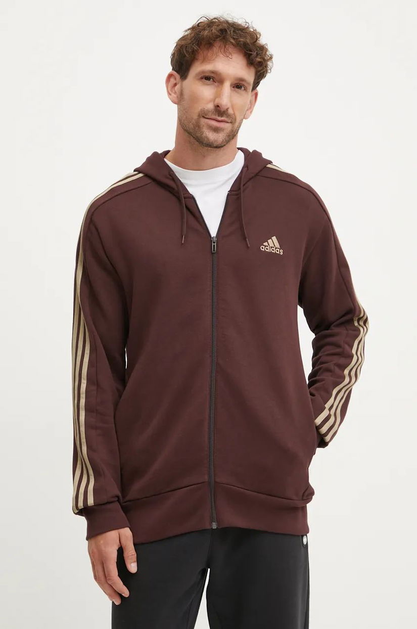 adidas hanorac de bumbac Essentials barbati, culoarea maro, cu glugă, cu imprimeu, IX0175