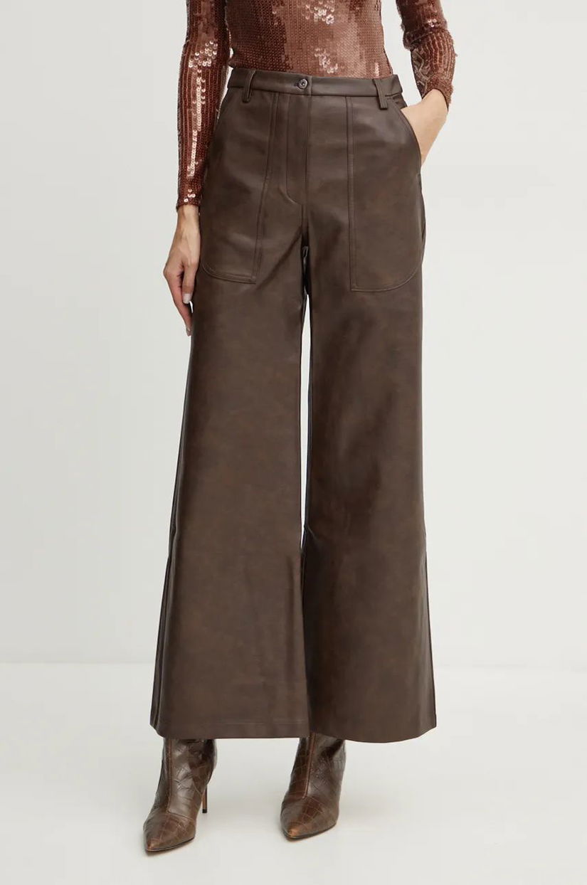 Bardot pantaloni VEGAN LEATHER femei, culoarea maro, lat, high waist, 59498PB