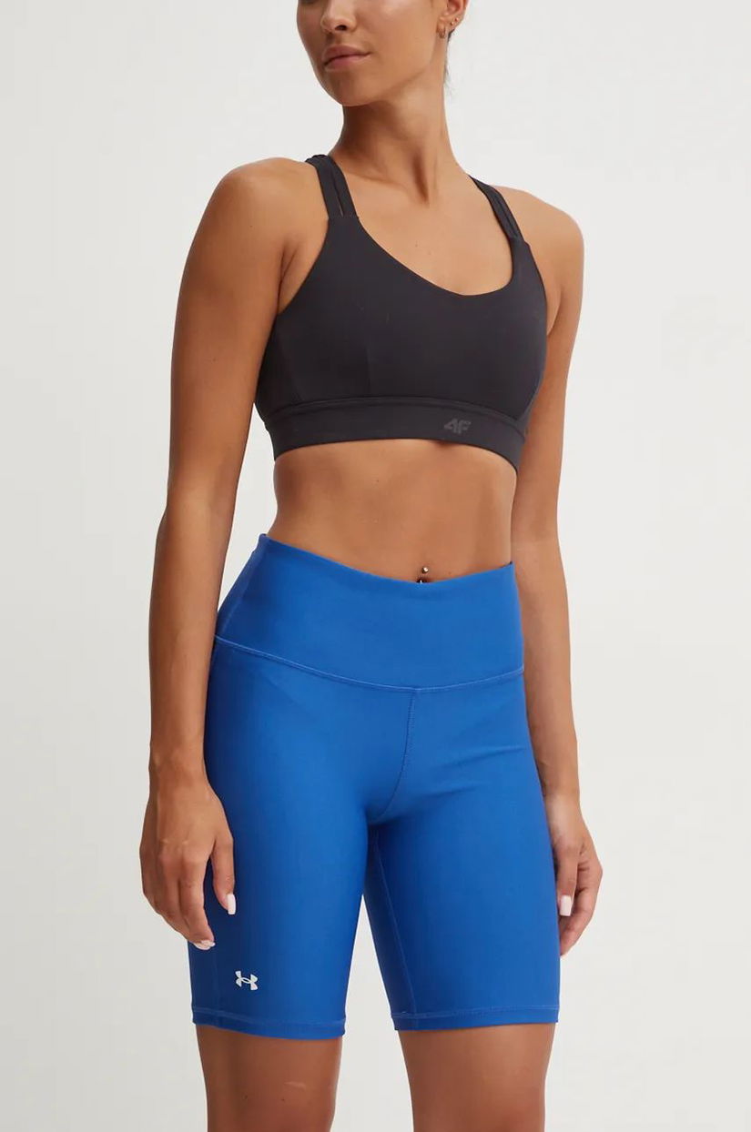 Under Armour pantaloni scurți de antrenament femei, culoarea albastru marin, neted, high waist