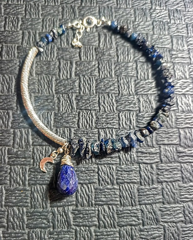 Bratara argint safir brut picatura charm semiluna argint boho chic trendy - Transport gratuit