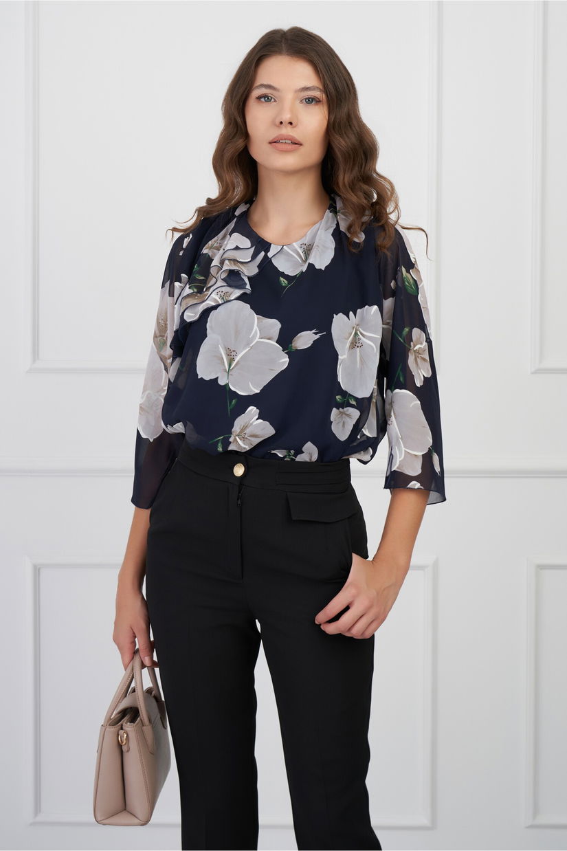 Bluza Milena bleumarin cu imprimeu floral gri