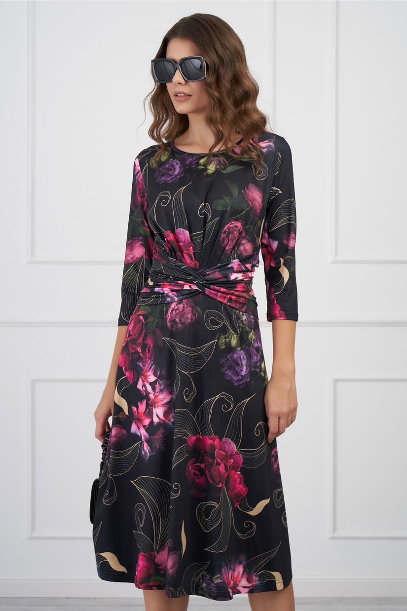 Rochie Sonia neagra cu flori fucsia