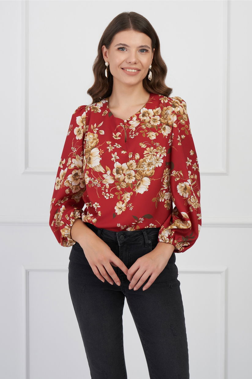 Bluza DY Fashion bordo cu imprimeuri florale si nasture la decolteu