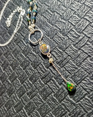Colier argint diamant brut opal de foc etiopian negru fatetat lant argint minimalist boho chic trendy multicolor - Transport gratuit