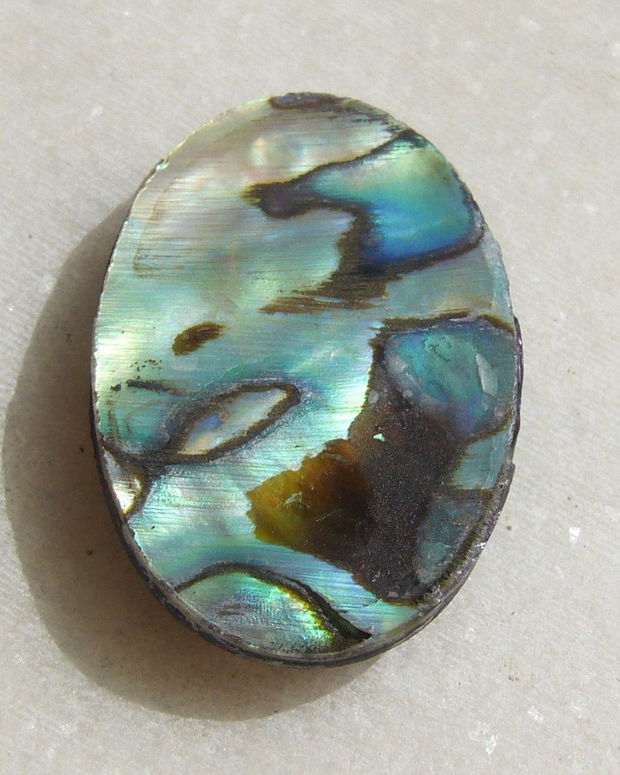 Cabochon din scoica paua abalone naturala acoperita cu un strat protector din rasina aprox 30x20x5 mm