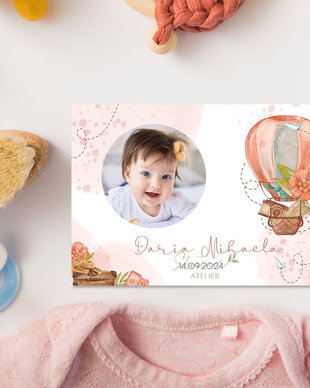 Mărturie magnet cu tematică călătorie cu balonul. Marturie botez fetita