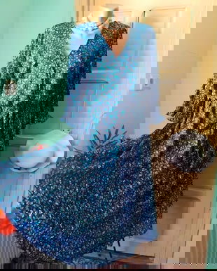 Rochie saten plin, imprimeu floricele turcoaz