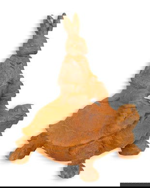 Iepure calarind o broasca testoasa-figurina din fonta