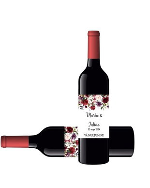 Etichete autocolante personalizate pentru sticle  trandafiri bordo, nuntă, botez, evenimente speciale