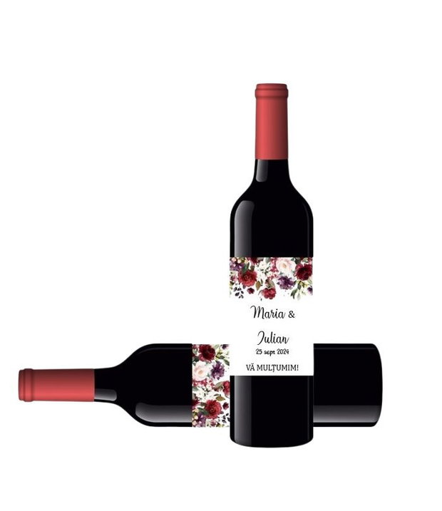 Etichete autocolante personalizate pentru sticle trandafiri bordo, nuntă, botez, evenimente speciale
