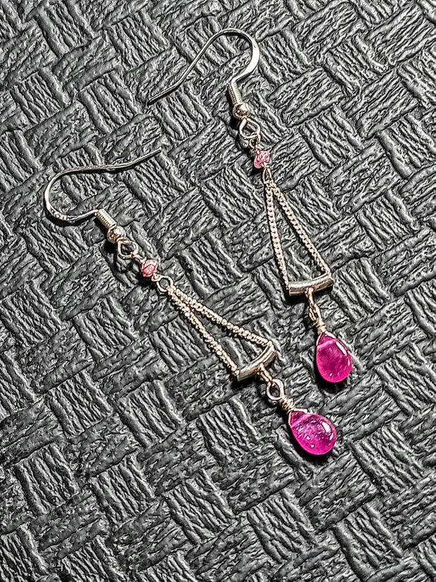 Cercei argint diamant brut roz safir roz brioleta lant argint minimalist boho chic trendy - Transport gratuit