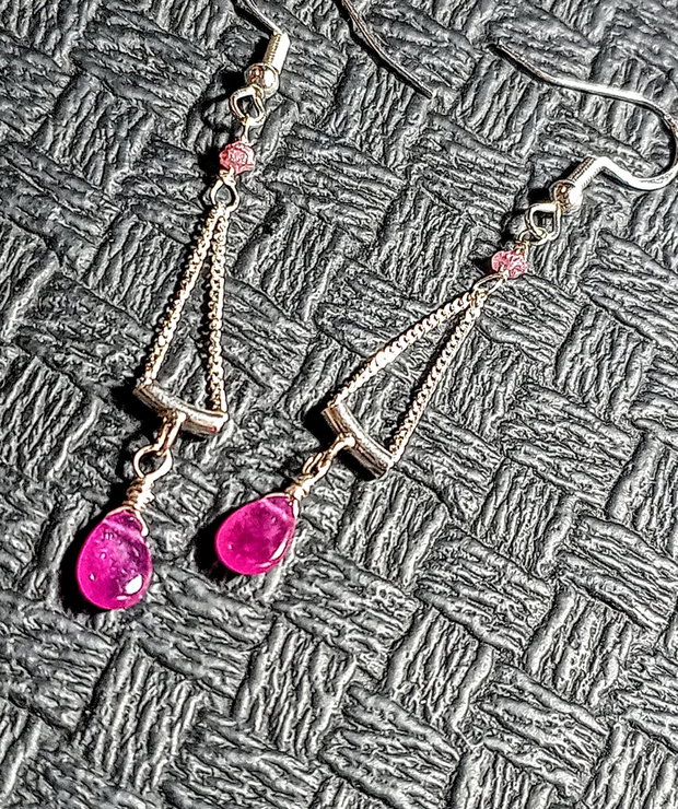 Cercei argint diamant brut roz safir roz brioleta lant argint minimalist boho chic trendy - Transport gratuit