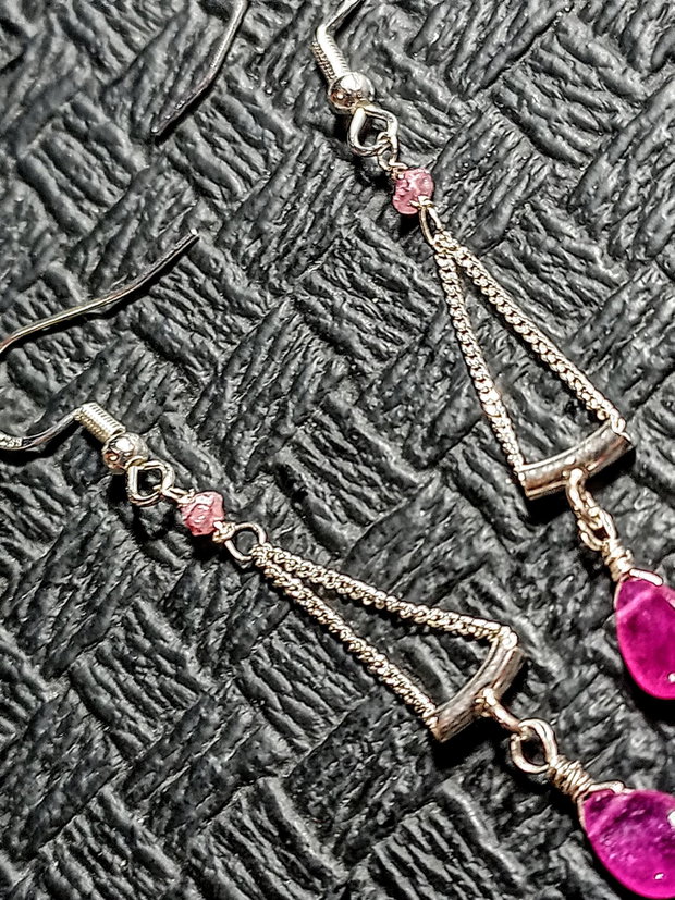 Cercei argint diamant brut roz safir roz brioleta lant argint minimalist boho chic trendy - Transport gratuit