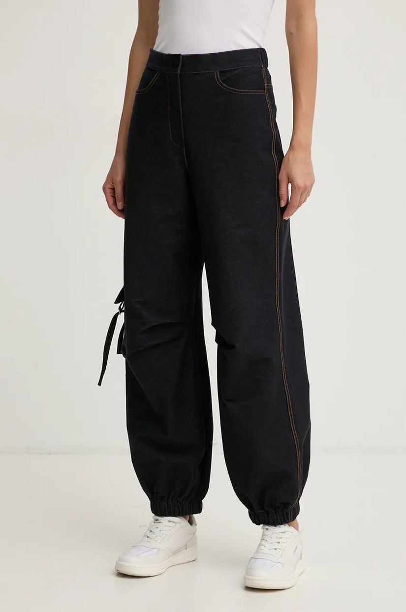 Max Mara Leisure pantaloni femei, culoarea albastru marin, lat, high waist, 2426786118600