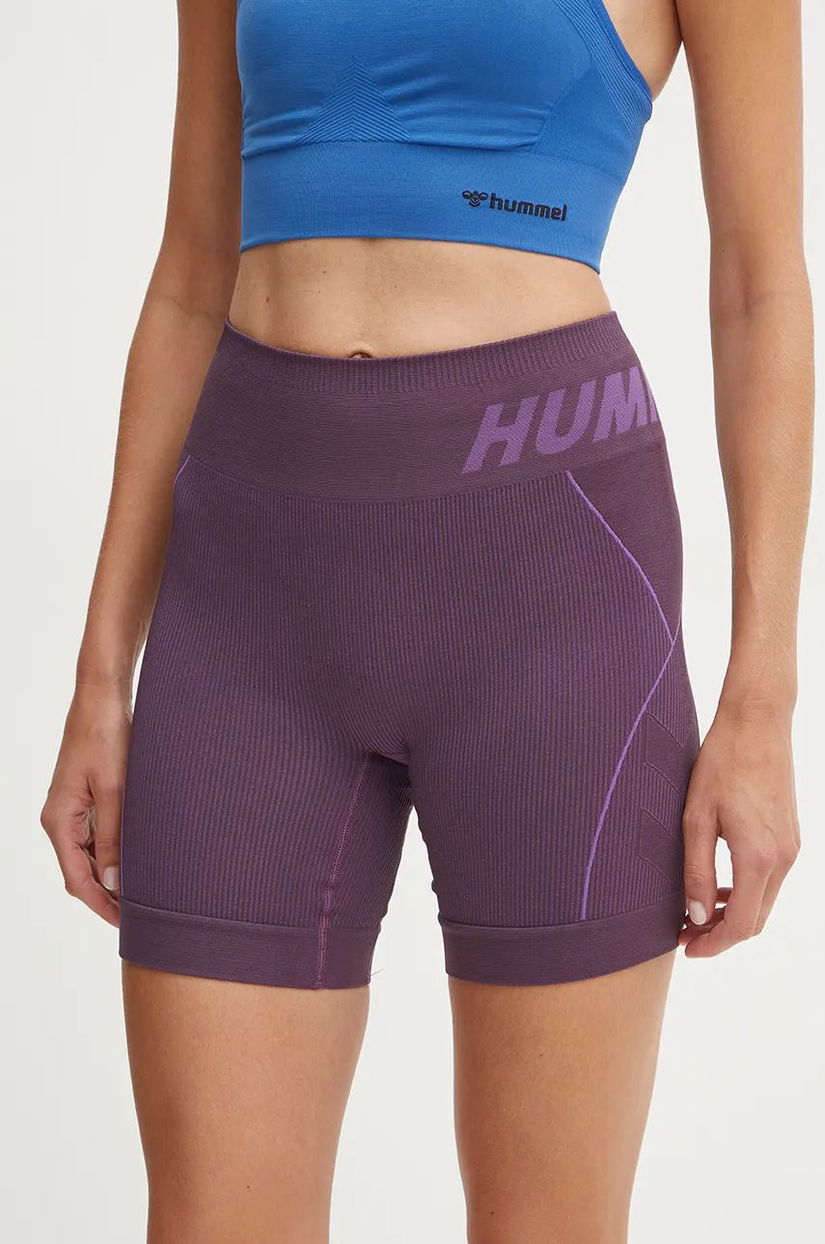 Hummel pantaloni scurți de antrenament Christel culoarea maro, cu imprimeu, high waist, 213755